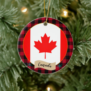 Kanada, Red buffalo plaid och Canadian Flagga Julgransprydnad Keramik