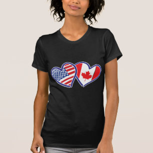 Kanadensare och Amerika flaggahjärtor T-shirt
