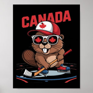Kanadensisk Flagga Lönnlöv Bäver Hockeypinne Solgl Poster