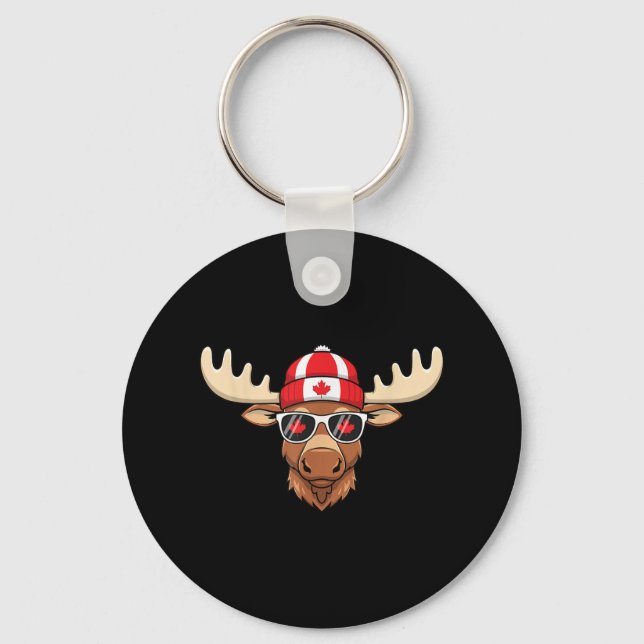 Kanadensiska Flagga Maple Löv Moose Sungles Nyckelring (Framsida)