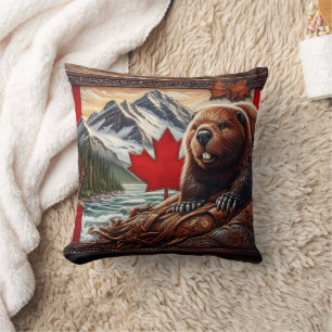 Kanadensiskt landskap med Beaver och Maple Löv Kudde