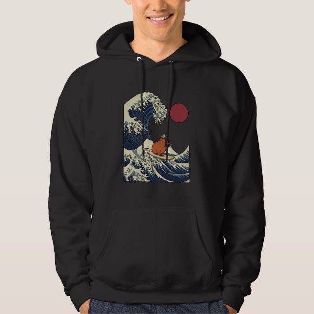 Kanagawa Wave Capybara Surfing Japanese Kawaii Hoodie (Framsida)