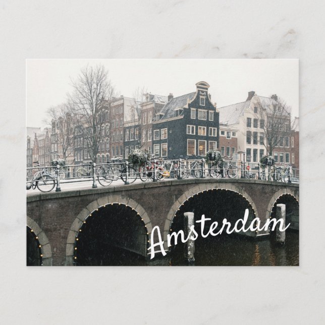 Kanal i Amsterdam på vintern vykort (Framsida)