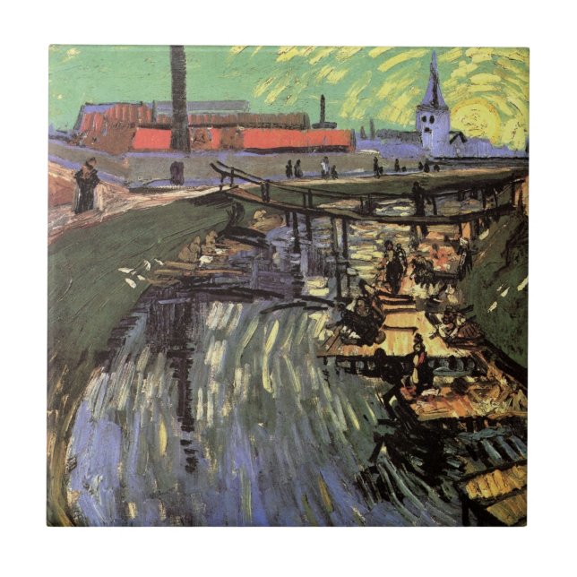 Kanal med kvinnor som Tvättar av Vincent van Gogh Kakelplatta (Framsidan)