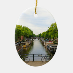 Kanalen överbryggar, cyklar, fartyg, Amsterdam, Julgransprydnad Keramik