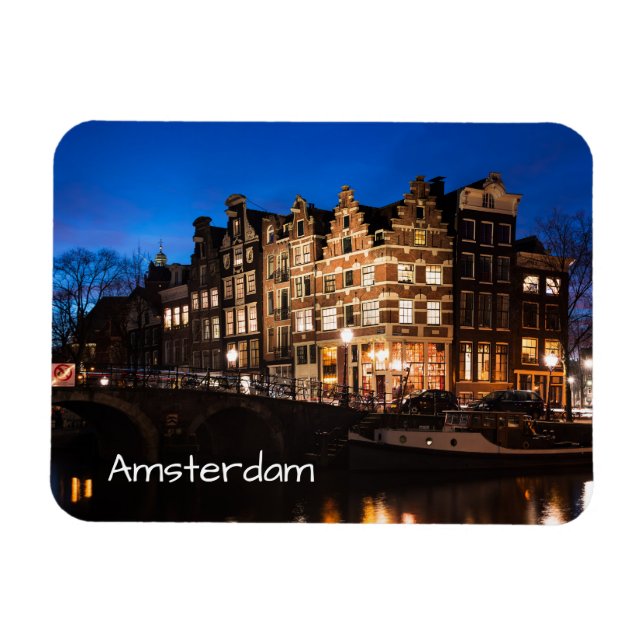 Kanalhus i Amsterdam på natten Magnet (Horisontell)