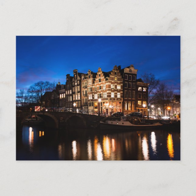 Kanalhus i Amsterdam på natten Vykort (Framsida)