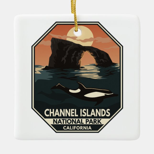 Kanalöarnas nationalpark Dolphin Retro Emblem Julgransprydnad Keramik (Framsida)