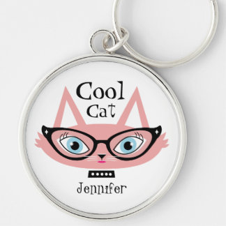 Känd Keychain för personlig rosa Retro katt Rund Silverfärgad Nyckelring