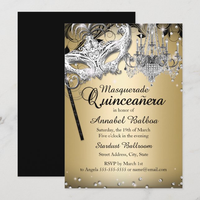 Kandelaber Maskerad Guld Quinceanera Inbjudan (Fram/baksida)
