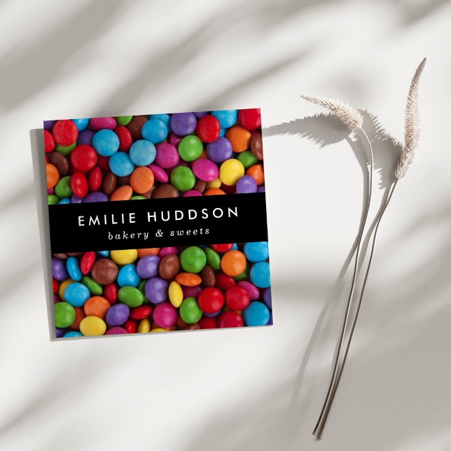 Kandiseknappar, sötsaker, kummelbutiker, bakverk fyrkantigt visitkort (Skapare uppladdad)