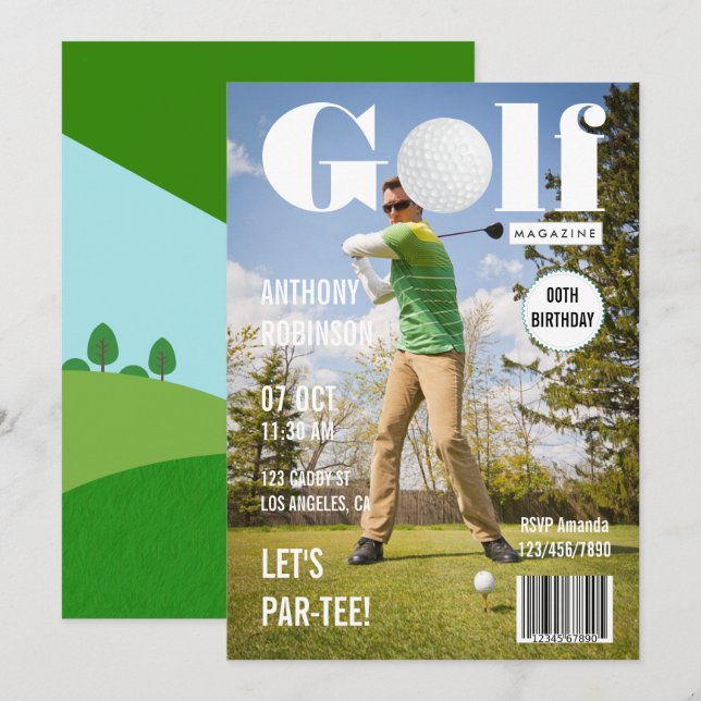 Kändisgolf Födelsedagsfest Foto Tidskrift Inbjudningar (Fram/baksida)