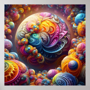 Kandy-Färgad Fractal Globe och Orbitande planeter Poster