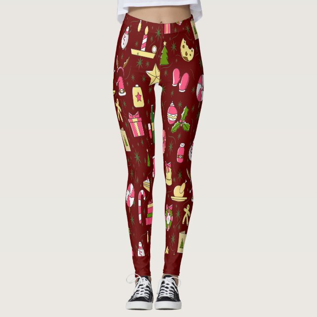 Kandy Mönster Red-bakgrund i julafton Leggings (Framsida)