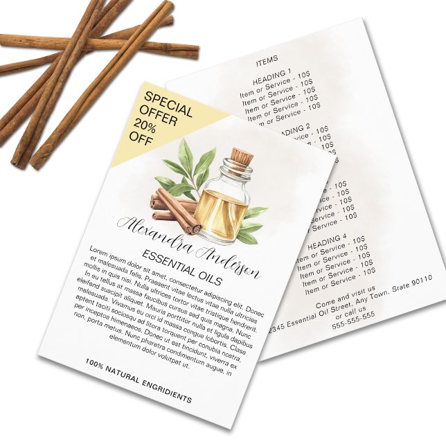 Kanel Eteriska Oljor Akvarell Blommig Flygblad (Cinnamon Essential Oils Watercolor Floral Flyer)