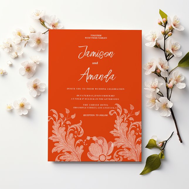 Kanel orange vit blommigt snöre Bröllop Inbjudningar (Cinnamon orange white floral lace Wedding )
