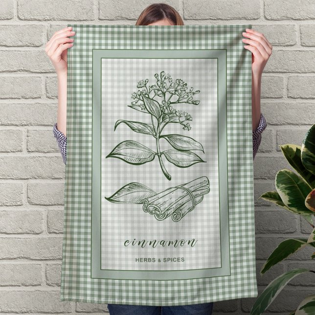 Kanel ört köks handduk – Grön Gingham kant Kökshandduk (Cinnamon Herb Kitchen Towel – Green Gingham Border)