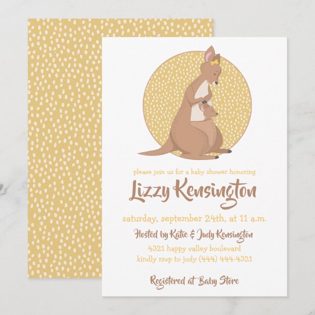 Kangaroo Baby Shower Gult Gender Neutral Inbjudningar (Fram/baksida)