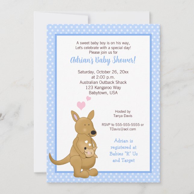 Kangaroo Baby Shower-inbjudan Blue Inbjudningar (Framsida)