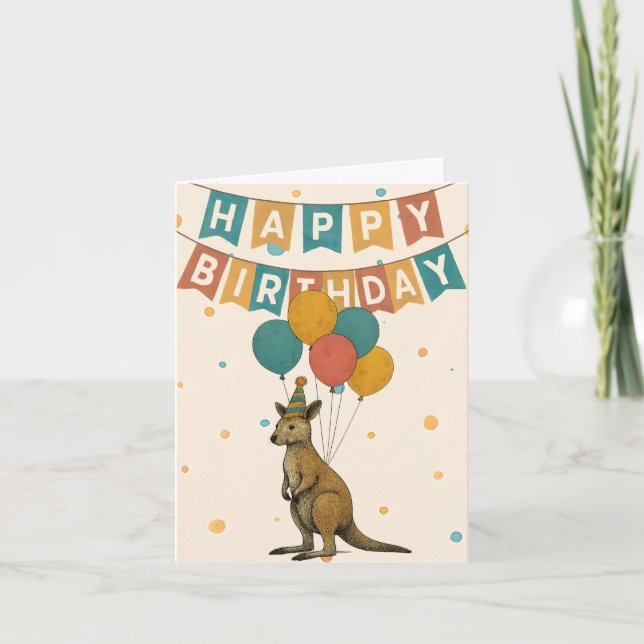 Kangaroo Birthday Card - Cute Animal med ballonger Kort (Framsida)