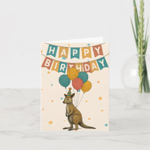 Kangaroo Birthday Card - Cute Animal med ballonger Kort