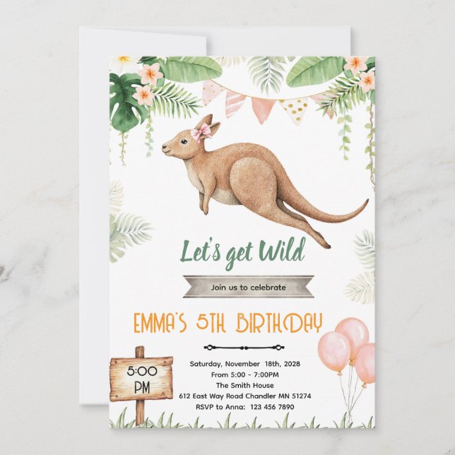 Kangaroo girl birthday invitation inbjudningar (Framsida)
