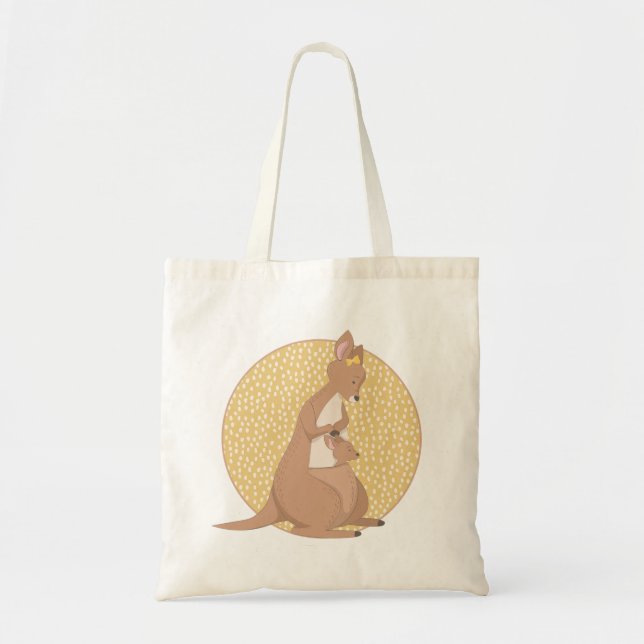 Kangaroo Mamma och Baby vid Gult Mönster Tygkasse (Framsidan)