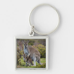 Kangaroo och Joey Fyrkantig Silverfärgad Nyckelring