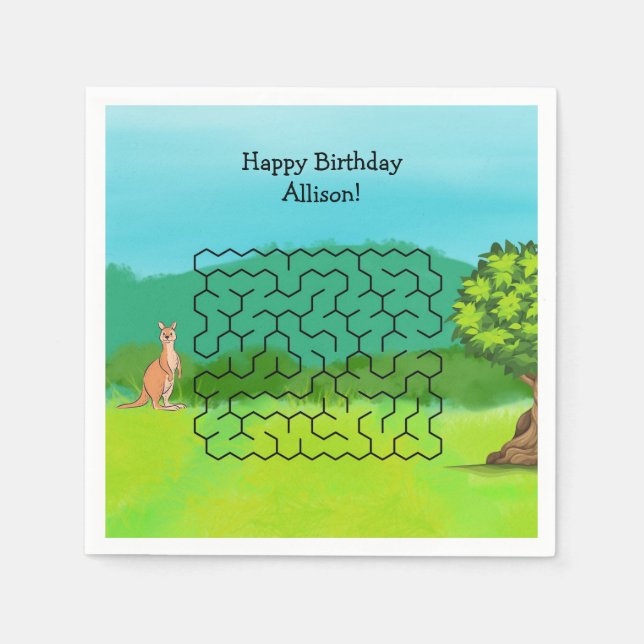 Kangaroo och Löv Maze Birthday Papper Napkins Pappersservett (Framsidan)