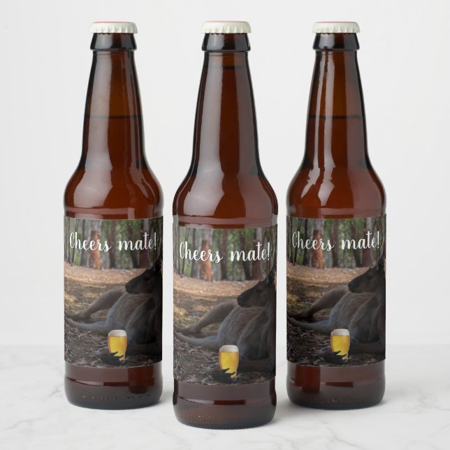 Kangaroo Relaxing with Beer Australia Funny Ölflaska Etikett (Flaskor)