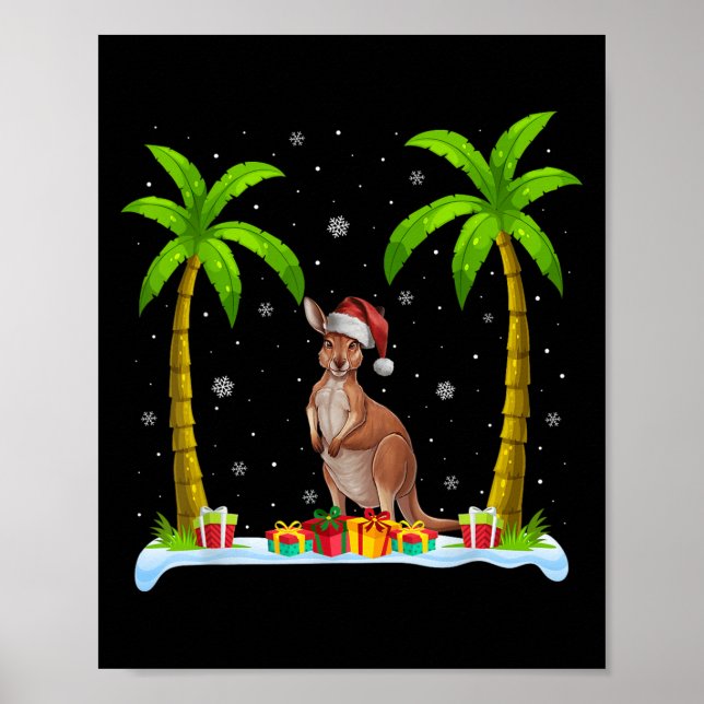 Kangaroo Santa Hat Handflatan Träd Beach Julafton  Poster (Framsidan)