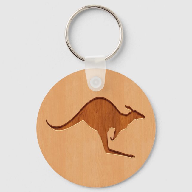 Kangaroo silhouette ingraverat på trädesign nyckelring (Framsida)