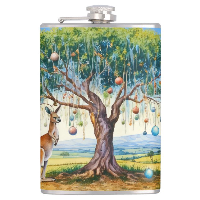 Kangaroo under gumtree med julbalkar fickplunta (Framsidan)