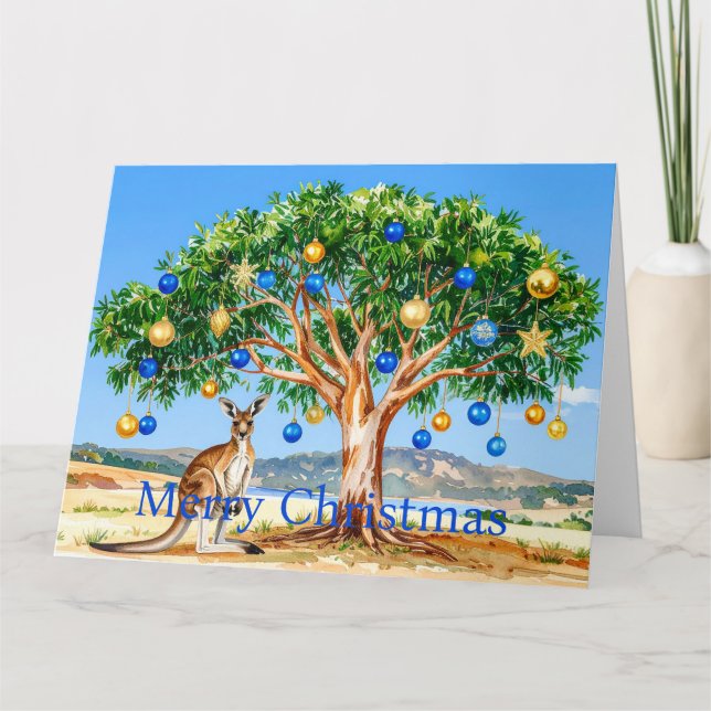 Kangaroo under gumtree med julbalkar kort (Framsida)