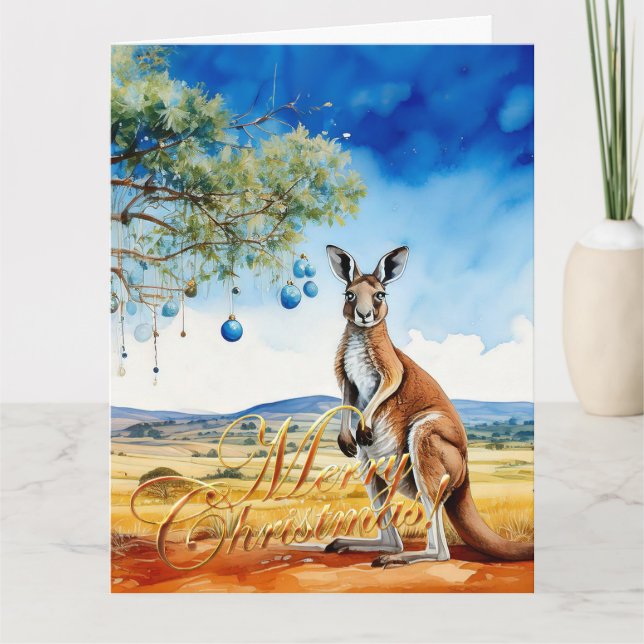 Kangaroo under gumtree med julbalkar kort (Framsida)