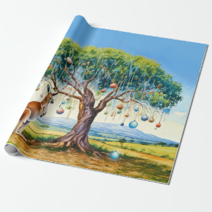Kangaroo under gumtree med julbalkar presentpapper