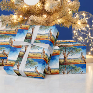 Kangaroo under gumtree med julbalkar presentpapper