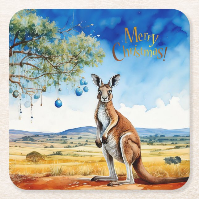 Kangaroo under gumtree med julbalkar underlägg papper kvadrat (Framsidan)