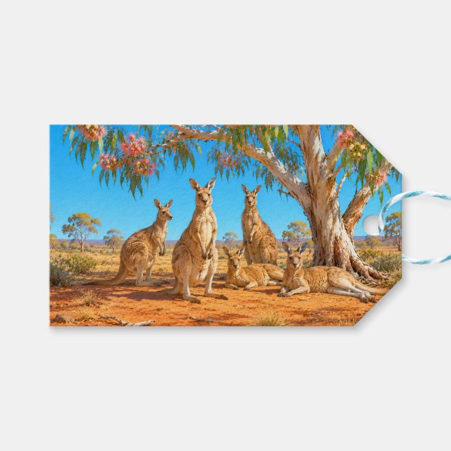 Kangaroos under flowering gumtree Happy Birthday Presentetikett (Framsidan (Horisontell))
