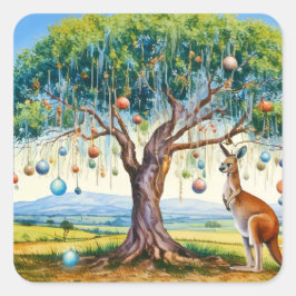 Känguru under gumtree med julgranskulor fyrkantigt klistermärke