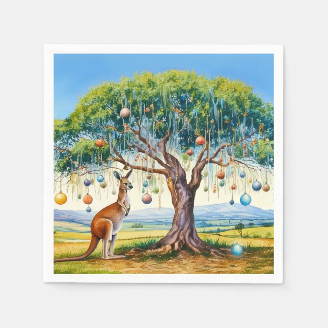 Känguru under gumtree med julgranskulor pappersservett (Framsidan)