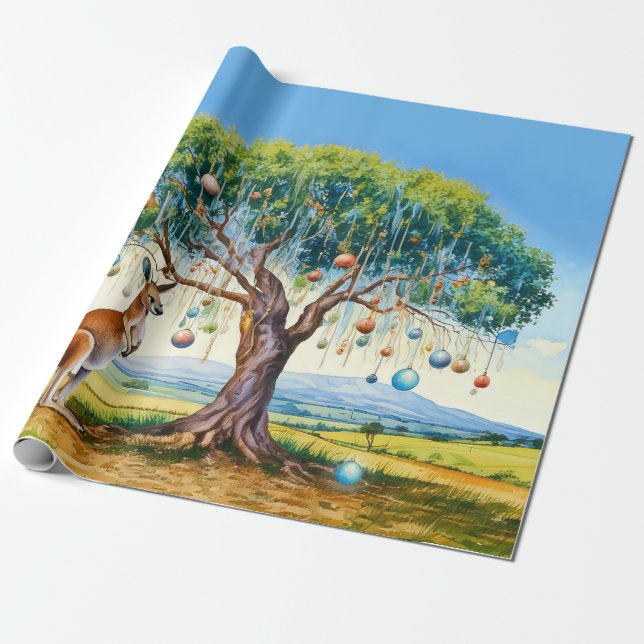 Känguru under gumtree med julgranskulor presentpapper (Utrullad)