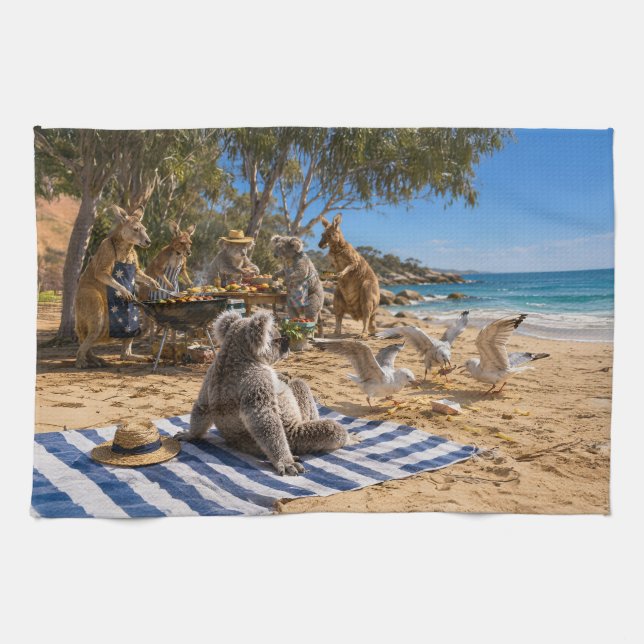 Kängurus och Koalas Beach BBQ Kökshandduk (Horisontell)