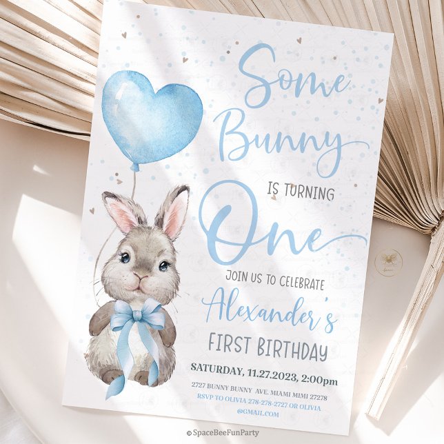 Kanin 1-års födelsedags pojke  inbjudningar (Bunny Birthday Invitation, Some Bunny Invite, 1st birthday bunny,1st birthday boy, Easter Rabbit Boy)