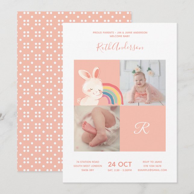 Kanin ・ Alphabet Monogram Cute Baby Shower Inbjudningar (Fram/baksida)