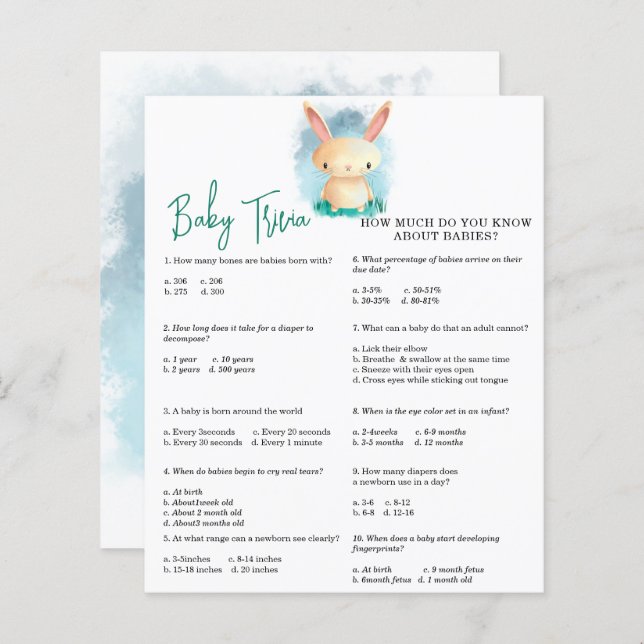 Kanin Baby Trivia | Baby Shower Spel (Fram/baksida)