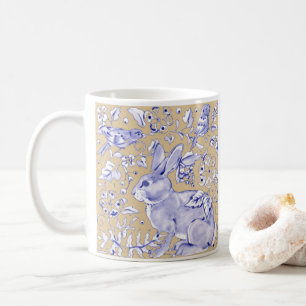 Kanin Bird Blue Tan Elegant Blommigt Djurart Kaffemugg
