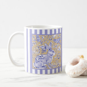 Kanin Bird Blue White Rand Tan Blommigt Foliage Kaffemugg