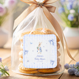 Kanin Blå Rutiga Baby Shower Tacksamhetskort Fyrkantigt Klistermärke
