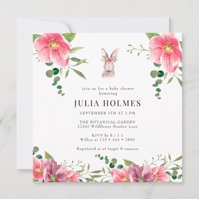Kanin Blommigt | Greenery Baby Shower Inbjudningar (Framsida)